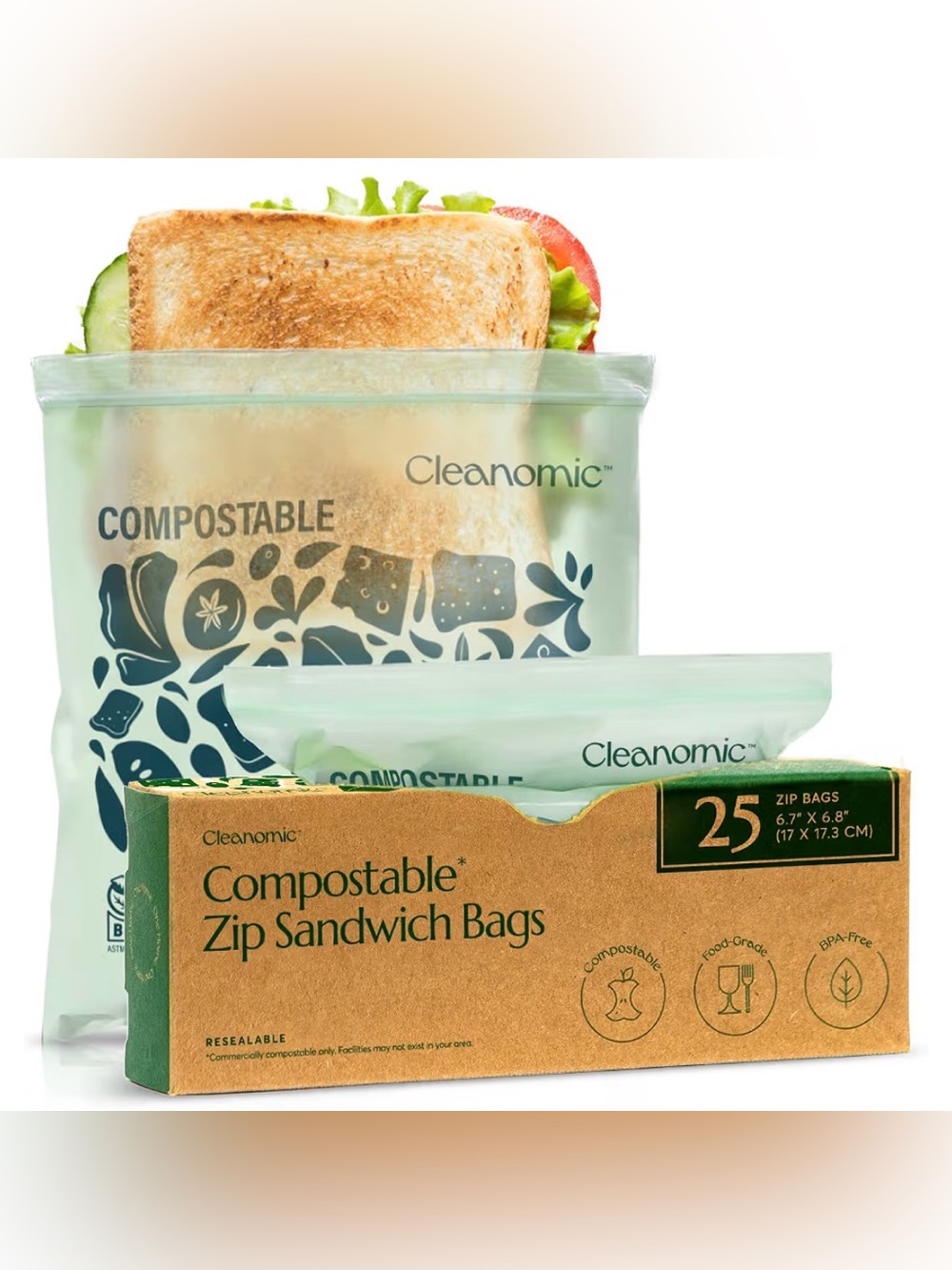 Cleanomic Compostable* Sandwich Size Food Storage Bags (25 Eco Zip)